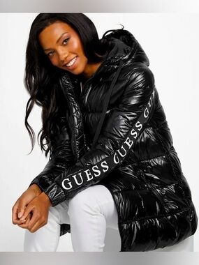 GUESS Glossy Black Quilted Hooded Puffer with Logo Sleeve